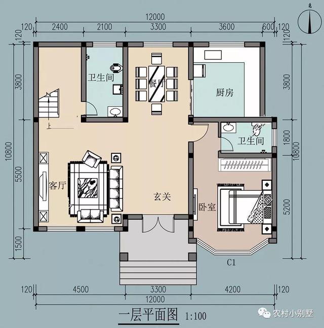 美式簡(jiǎn)約風(fēng)二層農(nóng)村別墅設(shè)計(jì)圖，12X10.8米，落地采光窗+坡屋頂