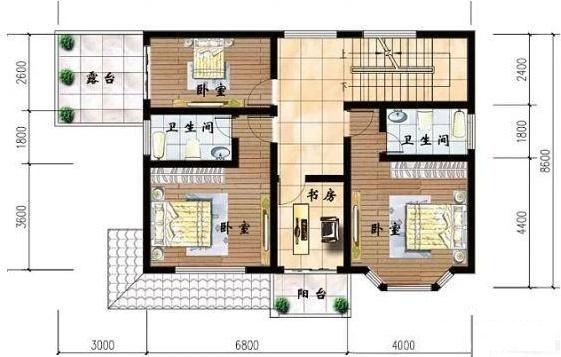 帶閣樓的二層自建房設(shè)計圖，占地103平米，四室三廳帶獨立廚房