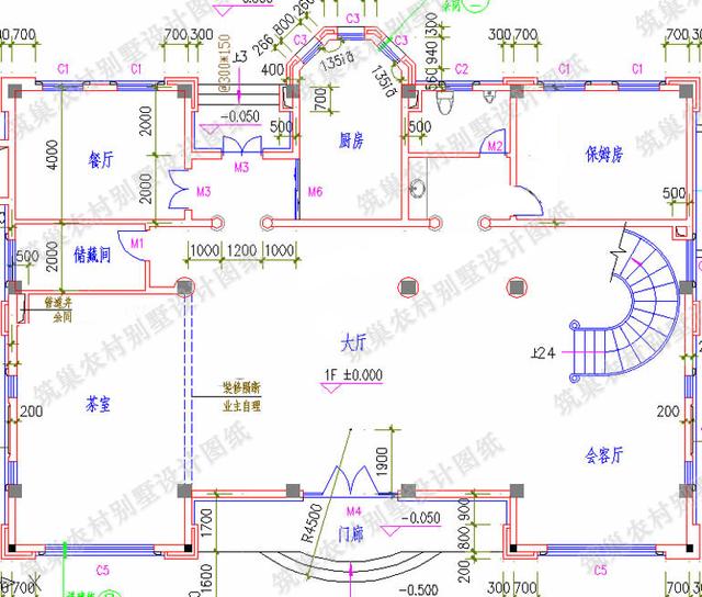 四層農(nóng)村別墅設(shè)計圖，框架結(jié)構(gòu)，帶挑空客廳+落地窗+旋轉(zhuǎn)樓梯