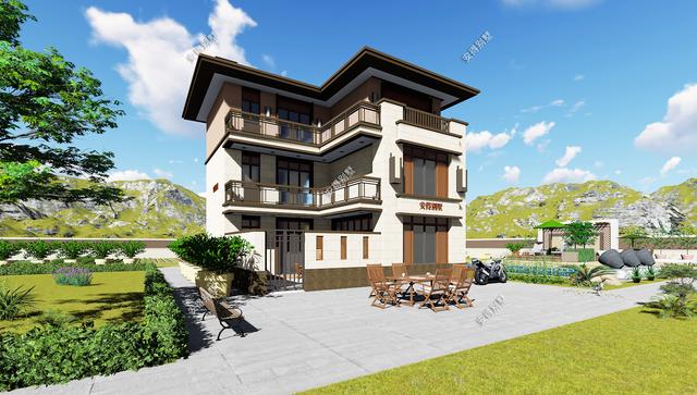 占地70平的3層小別墅設計圖，戶型呈現(xiàn)L型，入戶圍合成小庭院