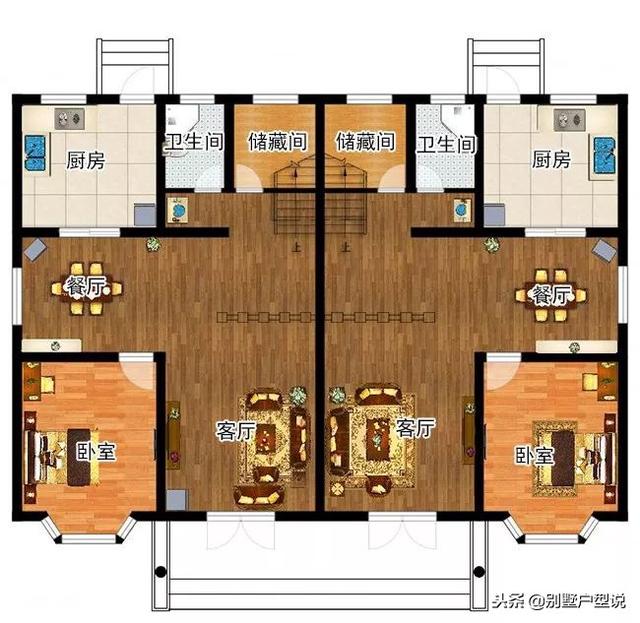 16×11米農(nóng)村二層雙拼別墅設(shè)計(jì)圖，功能分區(qū)合理