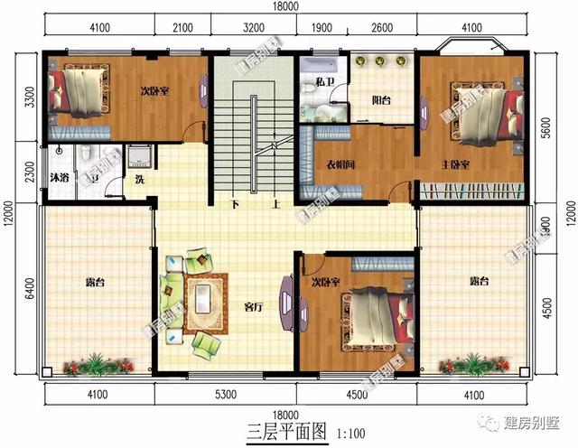 18米×12米平屋頂三層別墅設(shè)計(jì)圖，帶堂屋和雙露臺(tái)，簡(jiǎn)約又實(shí)用，適合大家庭居住。
