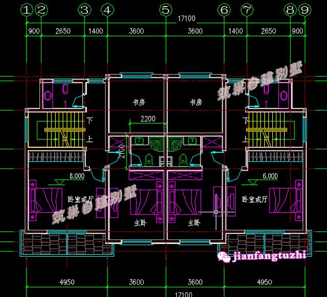 17米x10.8米三層雙拼別墅設(shè)計(jì)圖，適合二代居或三代居，造價(jià)低廉