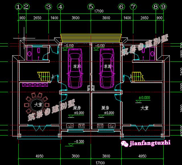 17米x10.8米三層雙拼別墅設(shè)計(jì)圖，適合二代居或三代居，造價(jià)低廉