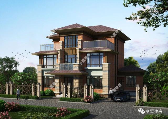 復(fù)古三層小洋樓別墅設(shè)計圖，別致的造型和配色，注定成為農(nóng)村一道靚麗的風(fēng)景線。
