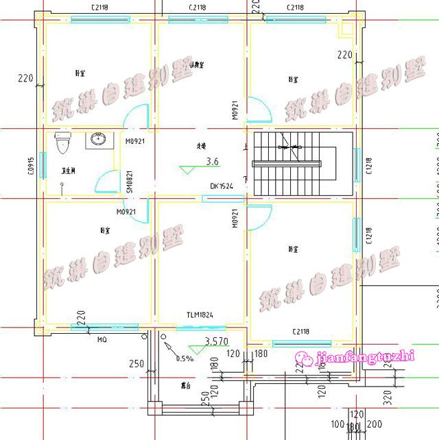 三層小洋樓別墅設(shè)計(jì)圖，旋轉(zhuǎn)樓梯車庫(kù)露臺(tái)，面寬11米。