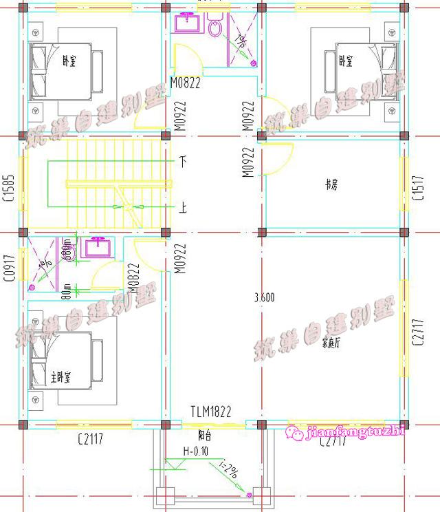 三層小洋樓別墅設(shè)計(jì)圖，旋轉(zhuǎn)樓梯車庫(kù)露臺(tái)，面寬11米。
