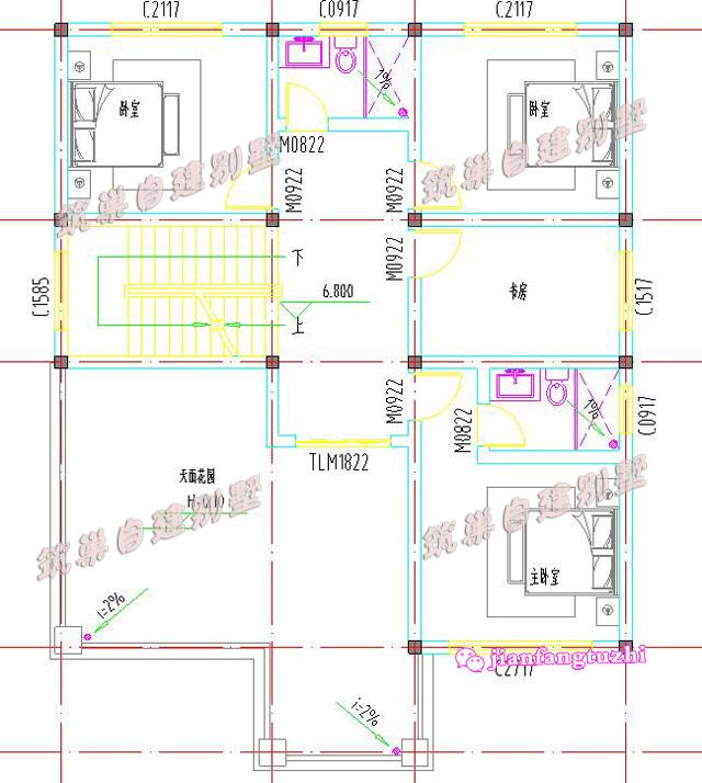 三層小洋樓別墅設(shè)計(jì)圖，旋轉(zhuǎn)樓梯車庫(kù)露臺(tái)，面寬11米。