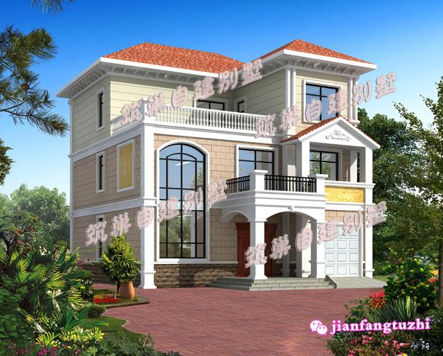 三層小洋樓別墅設(shè)計(jì)圖，旋轉(zhuǎn)樓梯車庫(kù)露臺(tái)，面寬11米。