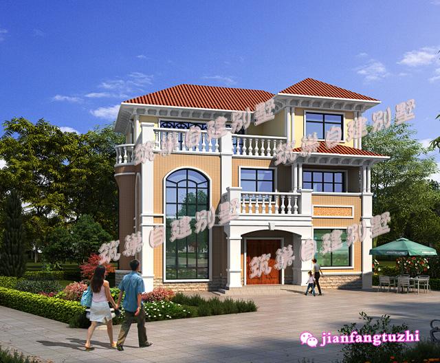 三層小洋樓別墅設(shè)計(jì)圖，旋轉(zhuǎn)樓梯車庫(kù)露臺(tái)，面寬11米。