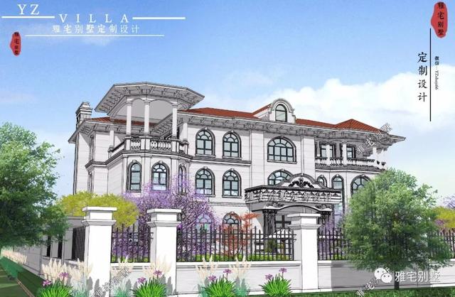 三層千平歐式豪華別墅設(shè)計圖，挑空客廳，頂層八角涼亭。