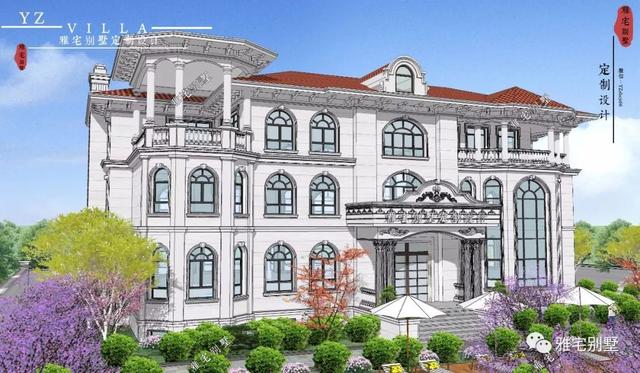 三層千平歐式豪華別墅設(shè)計圖，挑空客廳，頂層八角涼亭。