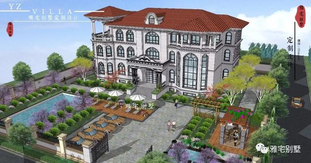 三層千平歐式豪華別墅設(shè)計圖，挑空客廳，頂層八角涼亭。