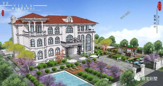 三層千平歐式豪華別墅設(shè)計圖，挑空客廳，頂層八角涼亭。