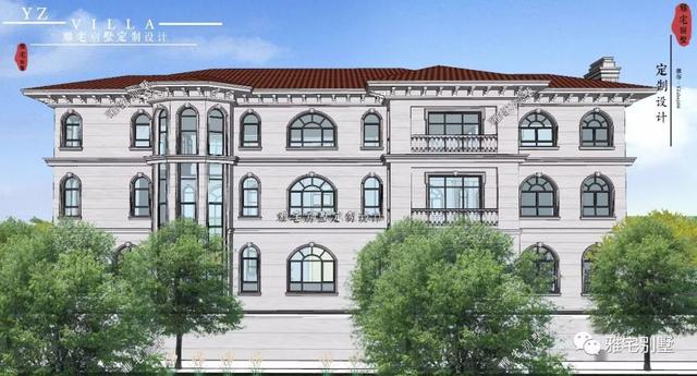 三層千平歐式豪華別墅設(shè)計圖，挑空客廳，頂層八角涼亭。