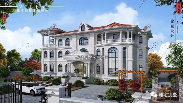 三層千平歐式豪華別墅設(shè)計圖，挑空客廳，頂層八角涼亭。