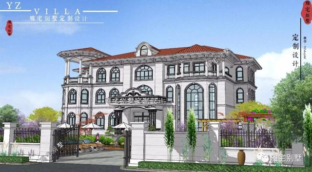 三層千平歐式豪華別墅設(shè)計圖，挑空客廳，頂層八角涼亭。