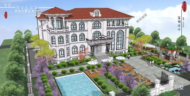 三層千平歐式豪華別墅設(shè)計圖，挑空客廳，頂層八角涼亭。