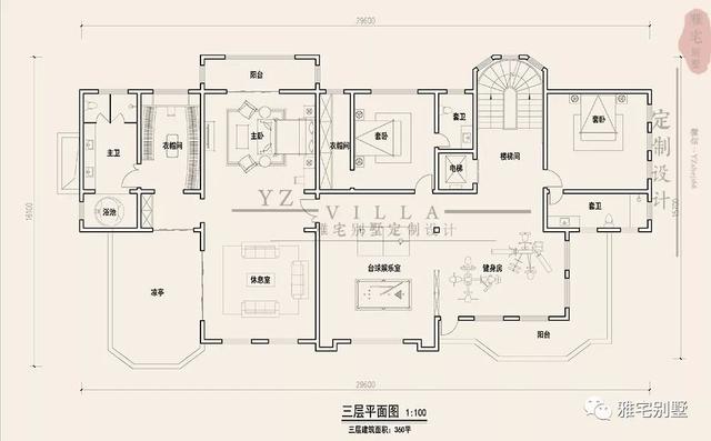 三層千平歐式豪華別墅設(shè)計圖，挑空客廳，頂層八角涼亭。