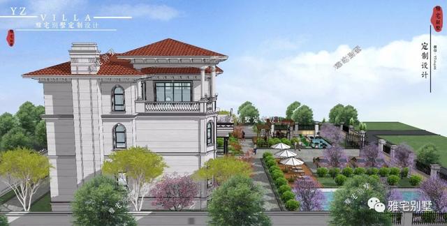 三層千平歐式豪華別墅設(shè)計圖，挑空客廳，頂層八角涼亭。