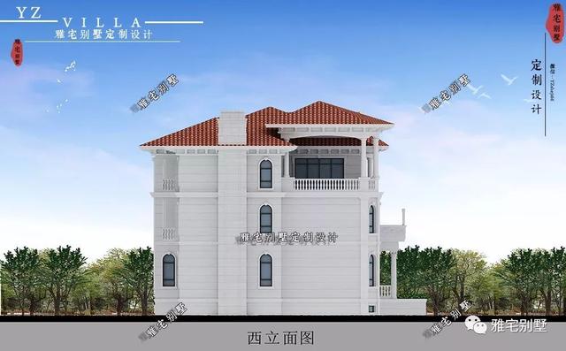 三層千平歐式豪華別墅設(shè)計圖，挑空客廳，頂層八角涼亭。