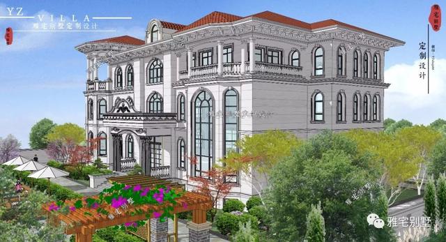 三層千平歐式豪華別墅設(shè)計圖，挑空客廳，頂層八角涼亭。