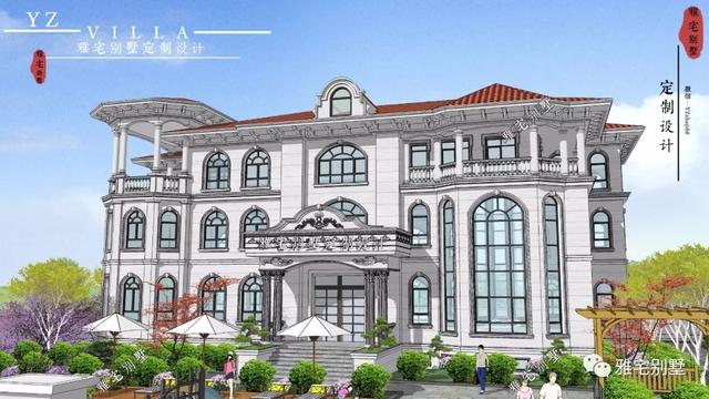 三層千平歐式豪華別墅設(shè)計圖，挑空客廳，頂層八角涼亭。