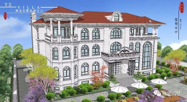 三層千平歐式豪華別墅設(shè)計圖，挑空客廳，頂層八角涼亭。