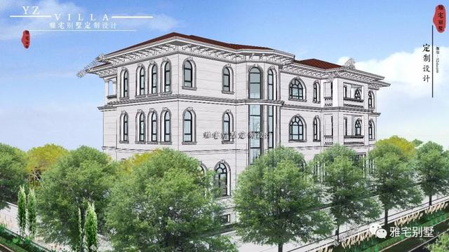 三層千平歐式豪華別墅設(shè)計圖，挑空客廳，頂層八角涼亭。