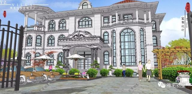 三層千平歐式豪華別墅設(shè)計圖，挑空客廳，頂層八角涼亭。