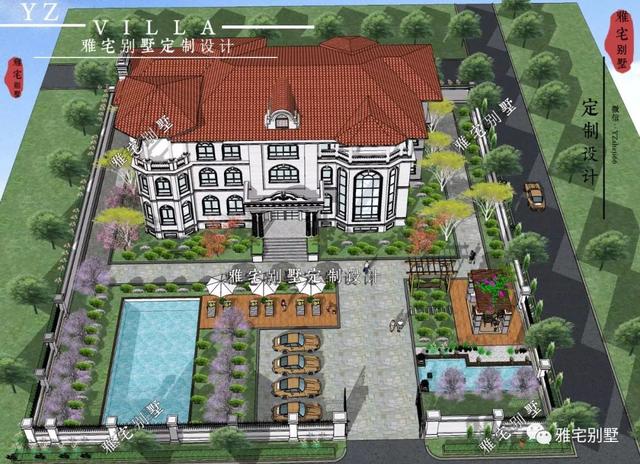 三層千平歐式豪華別墅設(shè)計圖，挑空客廳，頂層八角涼亭。