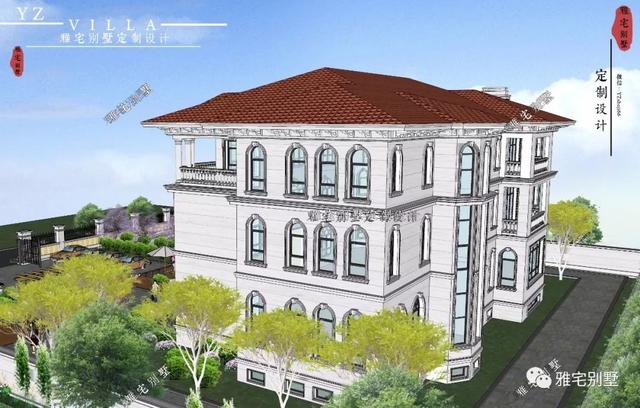 三層千平歐式豪華別墅設(shè)計圖，挑空客廳，頂層八角涼亭。