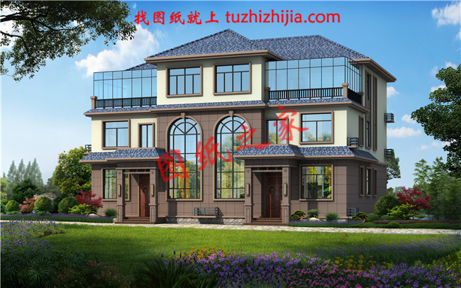 農(nóng)村三層雙拼別墅戶型圖及全套施工圖紙，帶書(shū)房，帶衣帽間