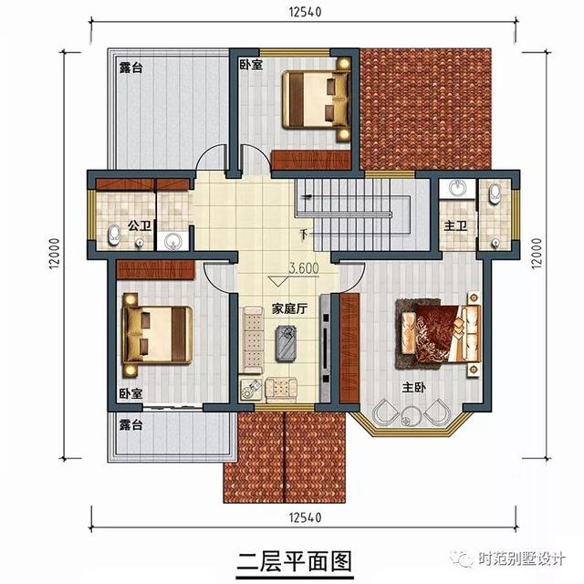 12x12米兩層別墅設(shè)計(jì)方案，美式風(fēng)格帶車(chē)庫(kù)雙露臺(tái)，4室3衛(wèi)適合農(nóng)村自建