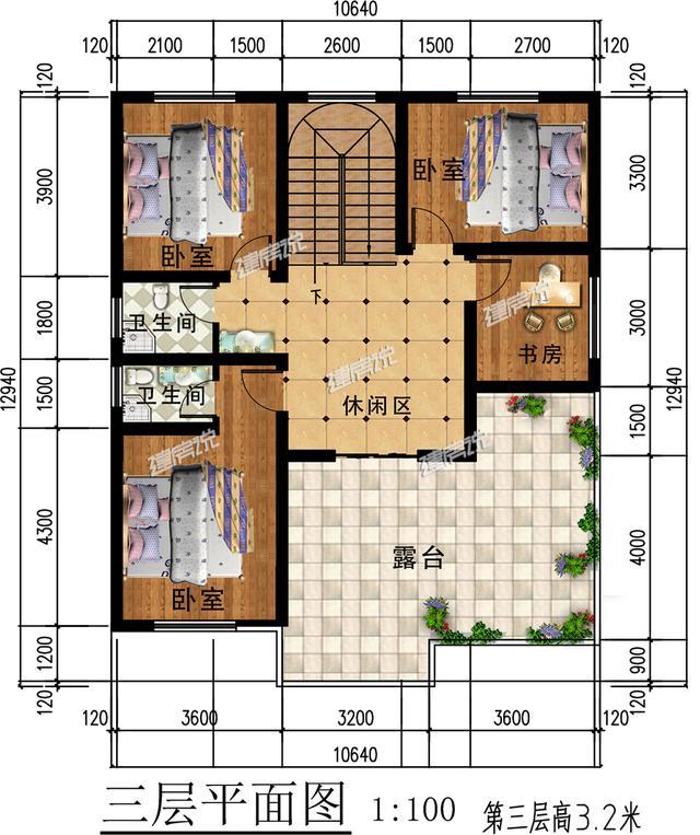 簡單大氣歐式三層別墅設(shè)計(jì)圖紙，大露臺多臥室，農(nóng)村人理想的家