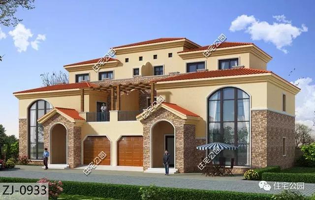 三層歐式雙拼別墅設(shè)計(jì)圖紙，單戶尺寸12×12米，還有挑空客廳、落地窗，體面又大氣