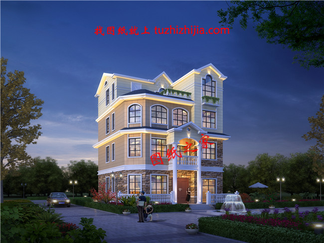 農村四層樓房外形設計圖，主臥配有陽臺和衣帽間還有衛(wèi)生間