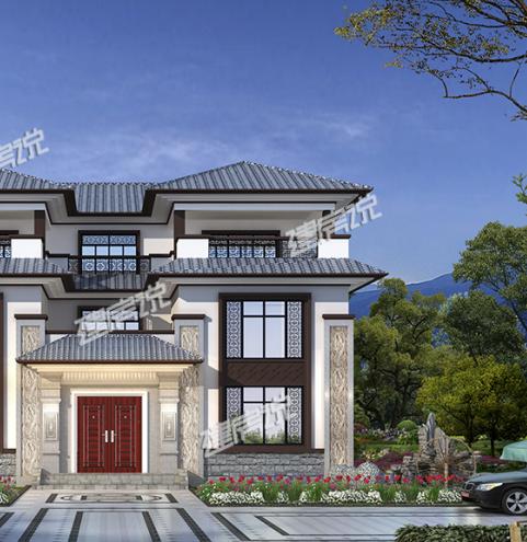 新中式三層別墅設(shè)計(jì)圖，15x14米帶挑空客廳旋轉(zhuǎn)樓梯，這才是高檔住宅