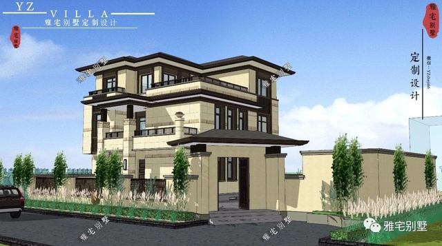 帶地下室的農(nóng)村三層新中式別墅設計圖，挑空客廳，大露臺設計。