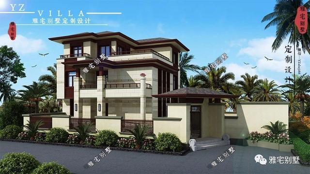 帶地下室的農(nóng)村三層新中式別墅設計圖，挑空客廳，大露臺設計。