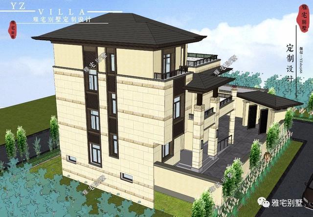 帶地下室的農(nóng)村三層新中式別墅設計圖，挑空客廳，大露臺設計。