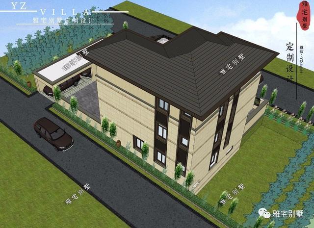 帶地下室的農(nóng)村三層新中式別墅設計圖，挑空客廳，大露臺設計。