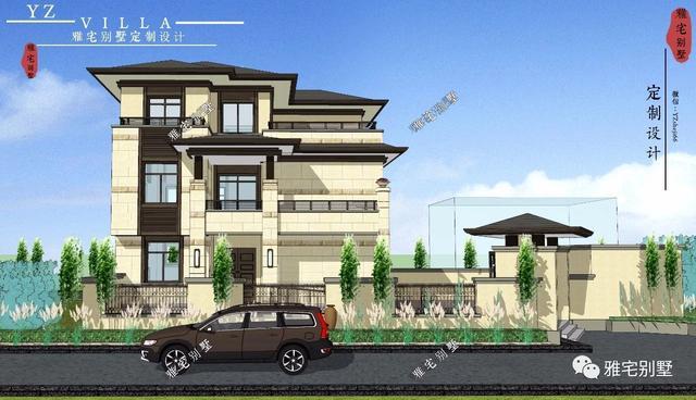 帶地下室的農(nóng)村三層新中式別墅設計圖，挑空客廳，大露臺設計。