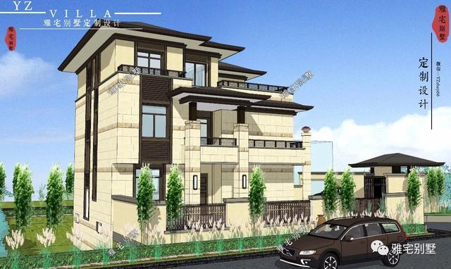 帶地下室的農(nóng)村三層新中式別墅設計圖，挑空客廳，大露臺設計。