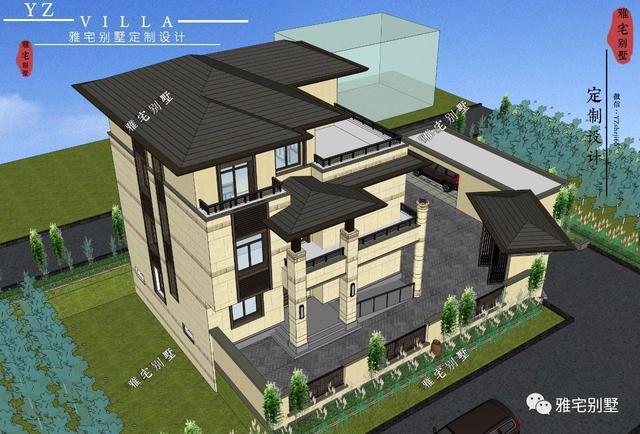 帶地下室的農(nóng)村三層新中式別墅設計圖，挑空客廳，大露臺設計。