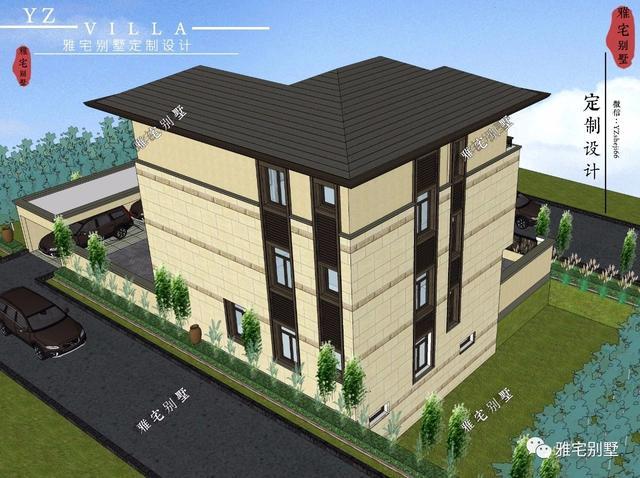 帶地下室的農(nóng)村三層新中式別墅設計圖，挑空客廳，大露臺設計。