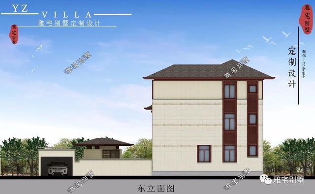 帶地下室的農(nóng)村三層新中式別墅設計圖，挑空客廳，大露臺設計。