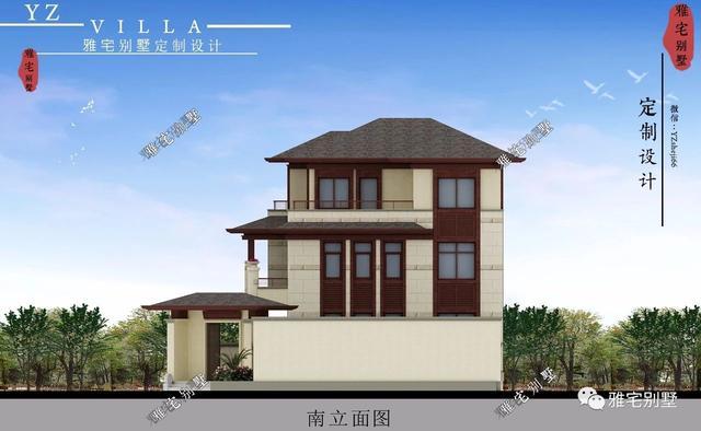 帶地下室的農(nóng)村三層新中式別墅設計圖，挑空客廳，大露臺設計。