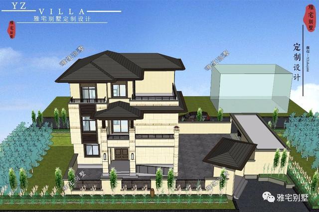 帶地下室的農(nóng)村三層新中式別墅設計圖，挑空客廳，大露臺設計。