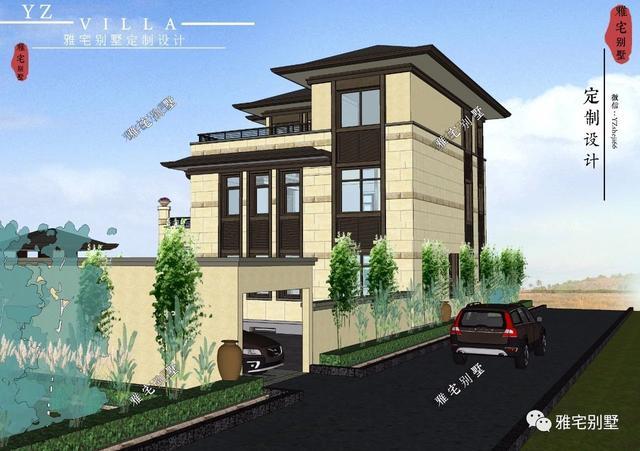 帶地下室的農(nóng)村三層新中式別墅設計圖，挑空客廳，大露臺設計。